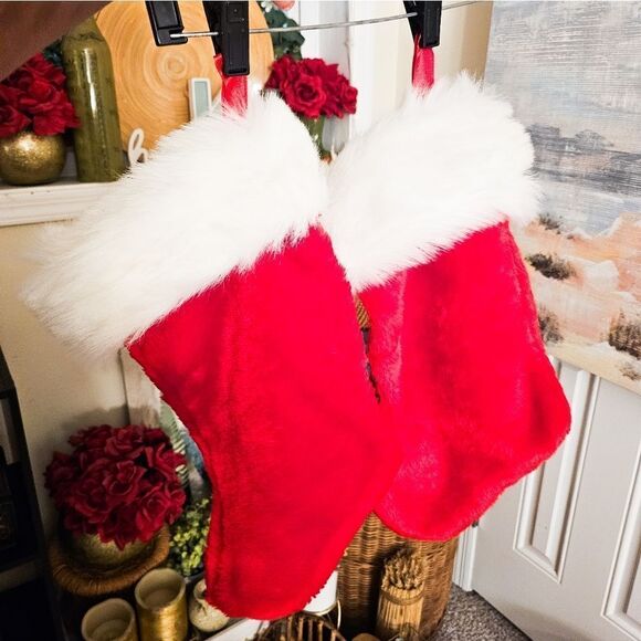 Set Of 2 Retro Fuzzy Cloth Red & White Christmas Holiday Stocking. - Picture 2 of 15